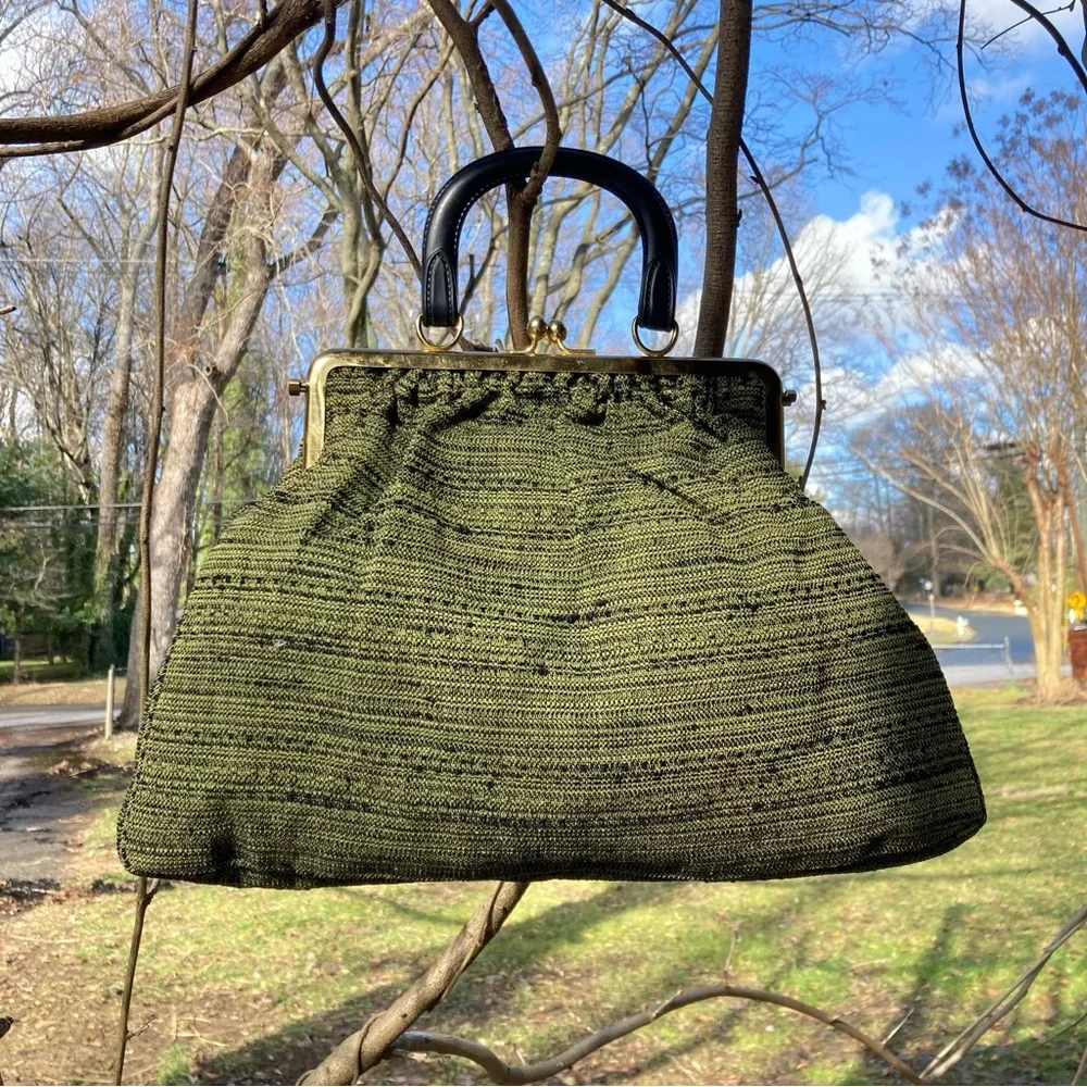 Vintage Style Peach Carpetbag Applique on Green Black Lined Fabric Handbag *HP!*
